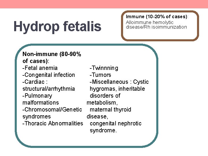 Hydrop fetalis Immune (10 -20% of cases): Alloimmune hemolytic disease/Rh isoimmunization Non-immune (80 -90% Hydrop fetalis Immune (10 -20% of cases): Alloimmune hemolytic disease/Rh isoimmunization Non-immune (80 -90%
