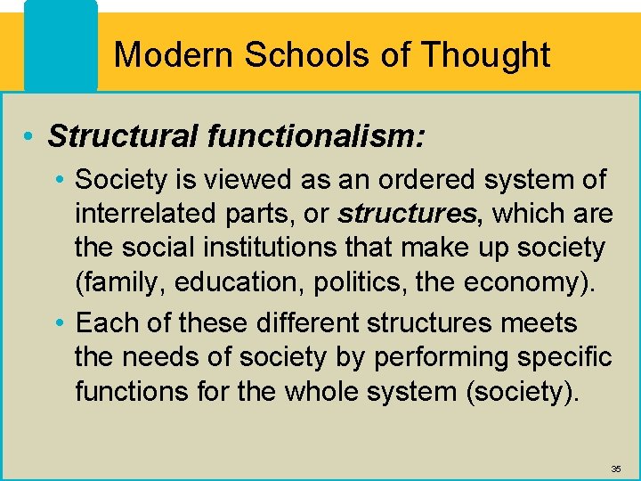 Modern Schools of Thought • Structural functionalism: • Society is viewed as an ordered