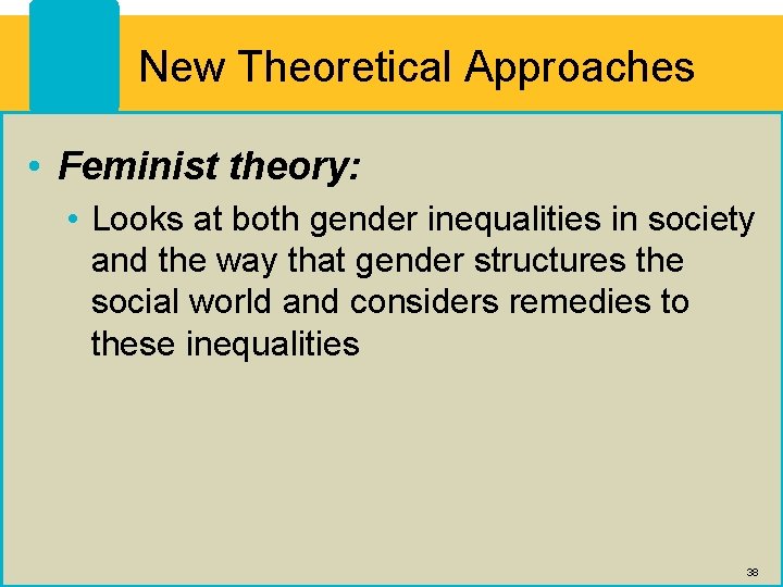 New Theoretical Approaches • Feminist theory: • Looks at both gender inequalities in society