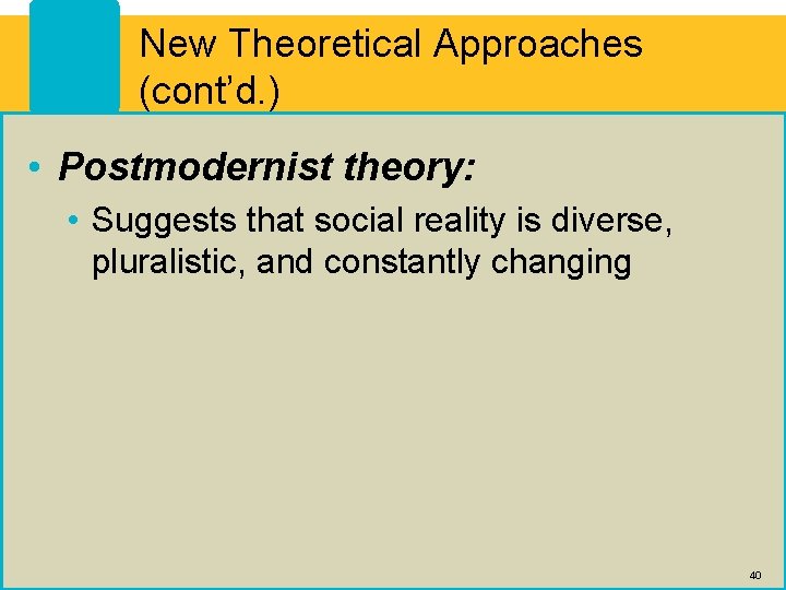 New Theoretical Approaches (cont’d. ) • Postmodernist theory: • Suggests that social reality is