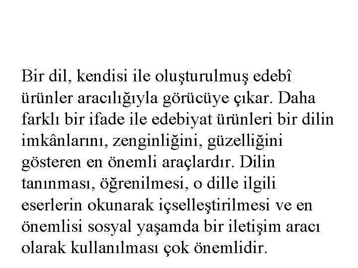 Bir dil, kendisi ile oluşturulmuş edebî ürünler aracılığıyla görücüye çıkar. Daha farklı bir ifade