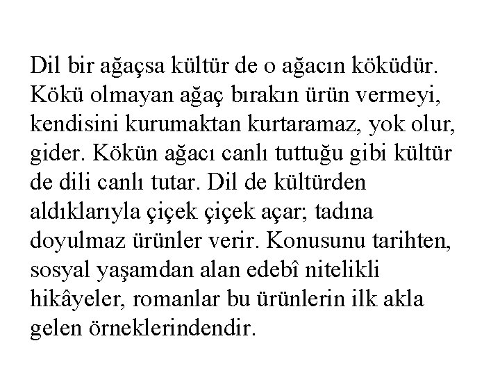 Dil bir ağaçsa kültür de o ağacın köküdür. Kökü olmayan ağaç bırakın ürün vermeyi,