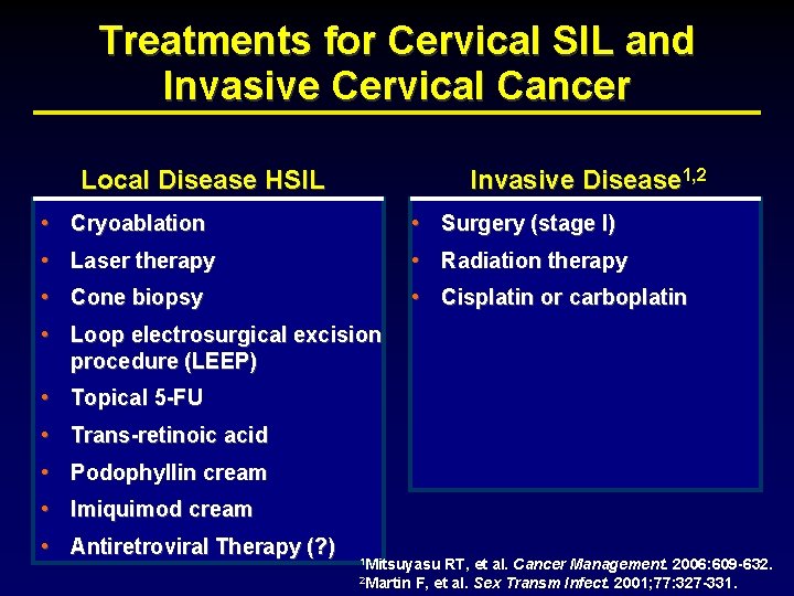 Treatments for Cervical SIL and Invasive Cervical Cancer Local Disease HSIL Invasive Disease 1,