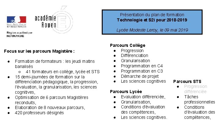 Présentation du plan de formation Technologie et S 2 i pour 2018 -2019 Lycée