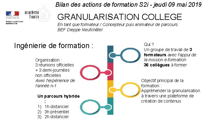 Bilan des actions de formation S 2 i - jeudi 09 mai 2019 GRANULARISATION