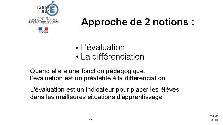 Approche de 2 notions : • L’évaluation • La différenciation Quand elle a une