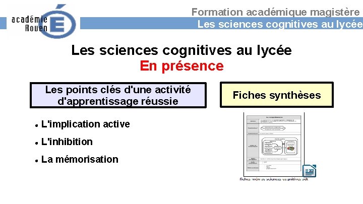 Formation académique magistère Les sciences cognitives au lycée En présence Les points clés d'une