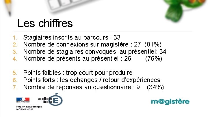 Les chiffres 1. 2. 3. 4. Stagiaires inscrits au parcours : 33 Nombre de