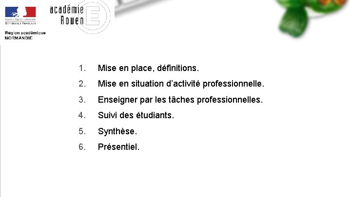 1. Mise en place, définitions. 2. Mise en situation d’activité professionnelle. 3. Enseigner par