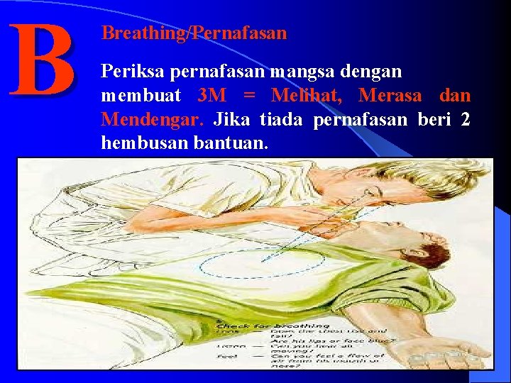 B Breathing/Pernafasan Periksa pernafasan mangsa dengan membuat 3 M = Melihat, Merasa dan Mendengar.