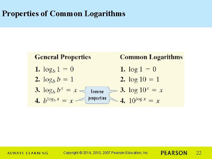 Properties of Common Logarithms Copyright © 2014, 2010, 2007 Pearson Education, Inc. 22 