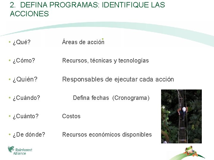 2. DEFINA PROGRAMAS: IDENTIFIQUE LAS ACCIONES • ¿Qué? Áreas de acción • • ¿Cómo?