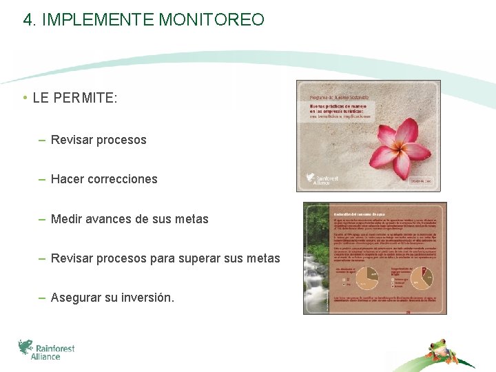 4. IMPLEMENTE MONITOREO • LE PERMITE: – Revisar procesos – Hacer correcciones – Medir