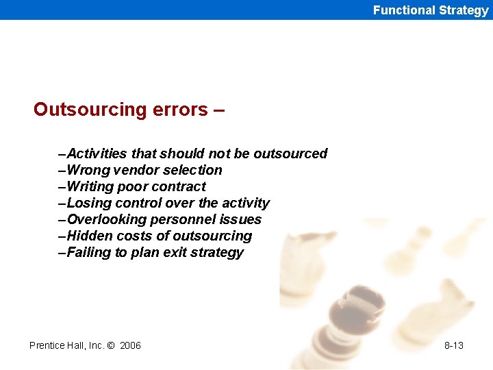 Functional Strategy Outsourcing errors – –Activities that should not be outsourced –Wrong vendor selection