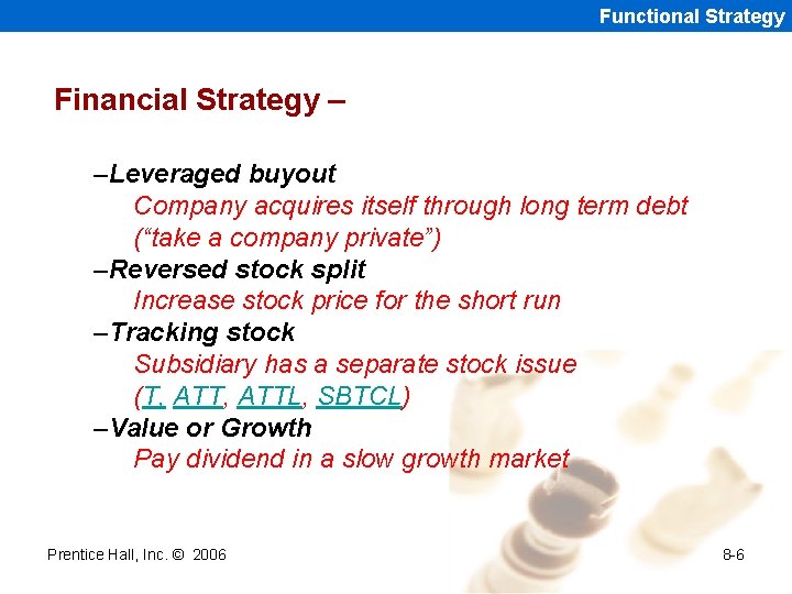 Functional Strategy Financial Strategy – –Leveraged buyout Company acquires itself through long term debt