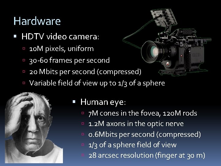 Hardware HDTV video camera: 10 M pixels, uniform 30 -60 frames per second 20