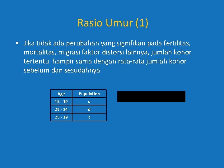 Rasio Umur (1) • Jika tidak ada perubahan yang signifikan pada fertilitas, mortalitas, migrasi Rasio Umur (1) • Jika tidak ada perubahan yang signifikan pada fertilitas, mortalitas, migrasi