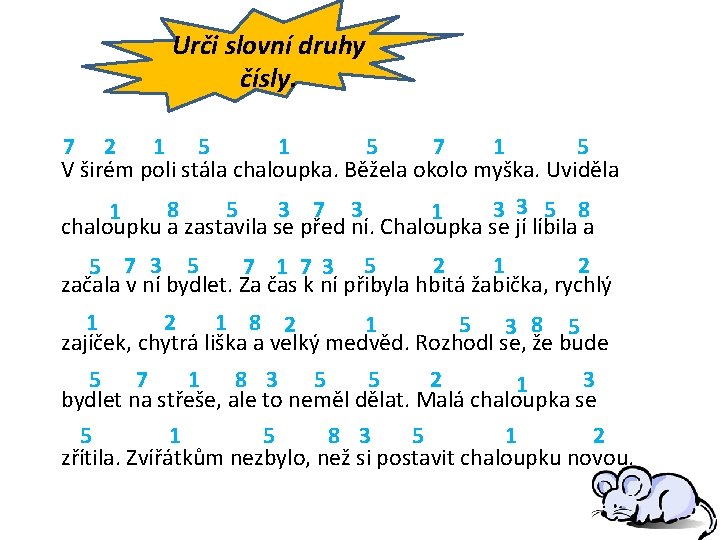 Urči slovní druhy čísly. 7 2 1 5 7 1 5 V širém poli