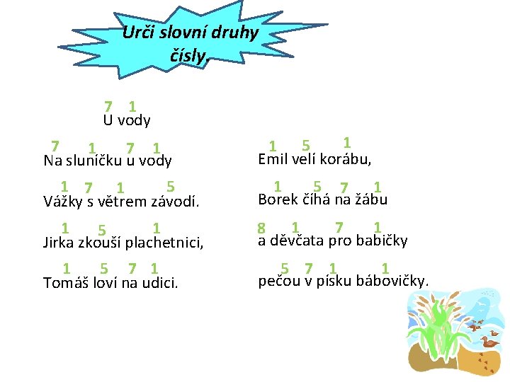Urči slovní druhy čísly. 7 1 U vody 7 1 Na sluníčku u vody