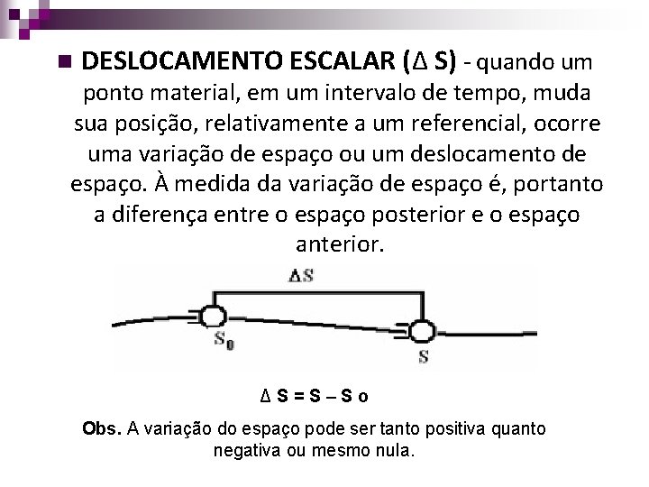 n DESLOCAMENTO ESCALAR (Δ S) - quando um ponto material, em um intervalo de