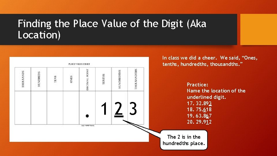 Finding the Place Value of the Digit (Aka Location) In class we did a