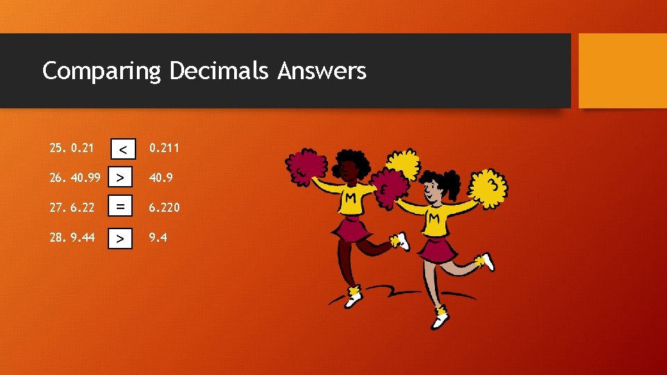 Comparing Decimals Answers 0. 211 27. 6. 22 < > = 28. 9. 44