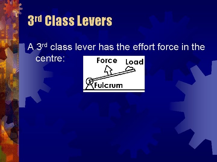 3 rd Class Levers A 3 rd class lever has the effort force in