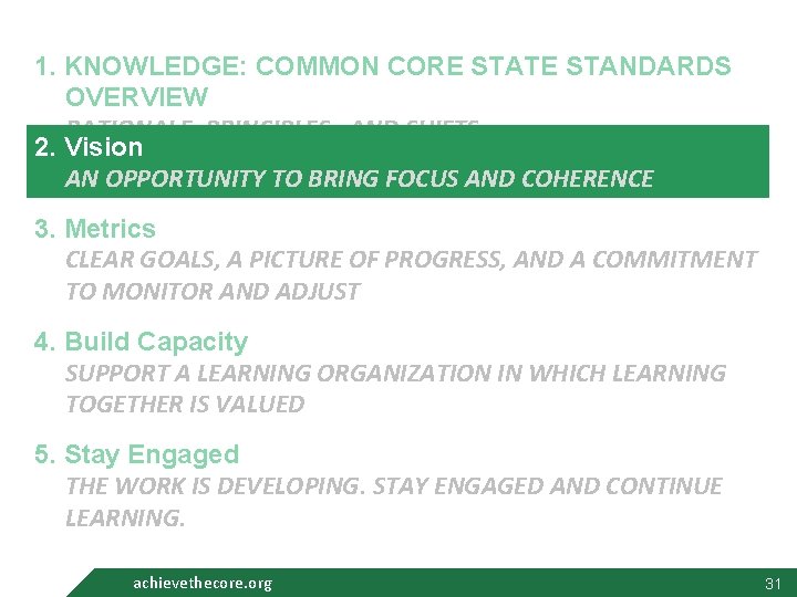 1. KNOWLEDGE: COMMON CORE STATE STANDARDS OVERVIEW RATIONALE, PRINCIPLES , AND SHIFTS 2. Vision