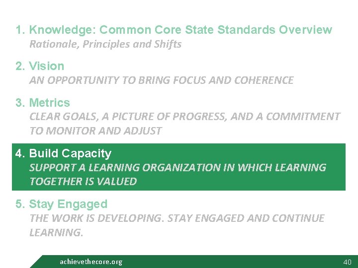 1. Knowledge: Common Core State Standards Overview Rationale, Principles and Shifts 2. Vision AN