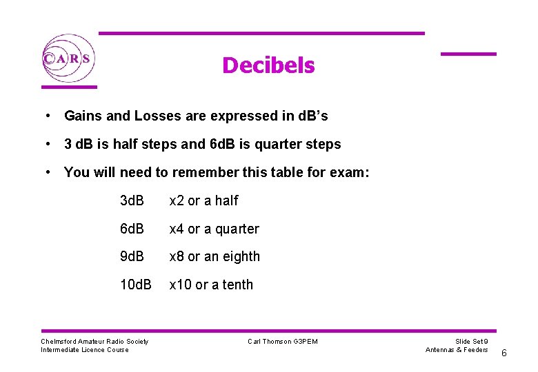 Decibels • Gains and Losses are expressed in d. B’s • 3 d. B