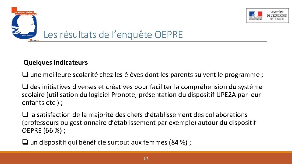 Les résultats de l’enquête OEPRE Quelques indicateurs une meilleure scolarité chez les élèves dont