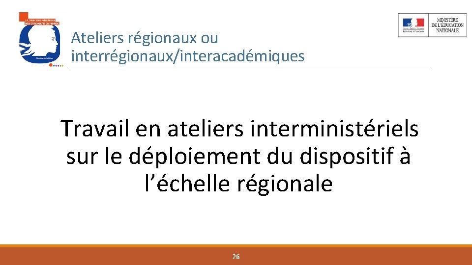 Ateliers régionaux ou interrégionaux/interacadémiques Travail en ateliers interministériels sur le déploiement du dispositif à