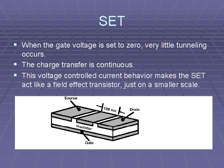 SET § When the gate voltage is set to zero, very little tunneling occurs. SET § When the gate voltage is set to zero, very little tunneling occurs.