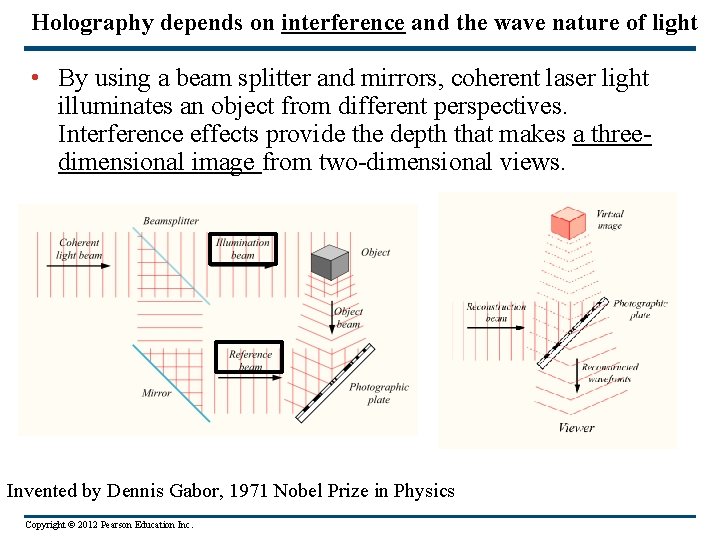 Holography depends on interference and the wave nature of light • By using a