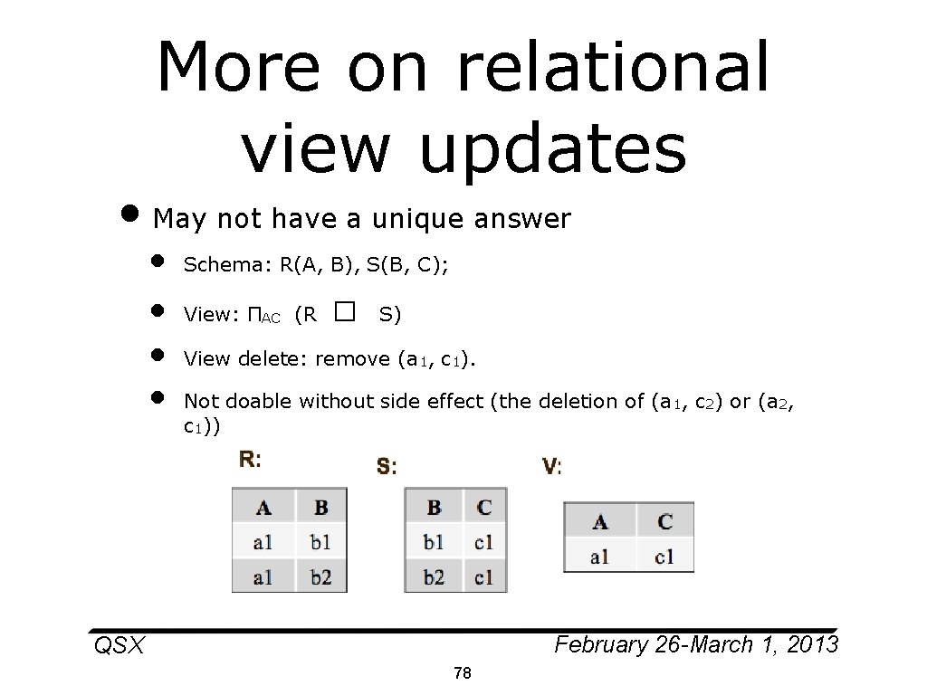 More on relational view updates • May not have a unique answer • •