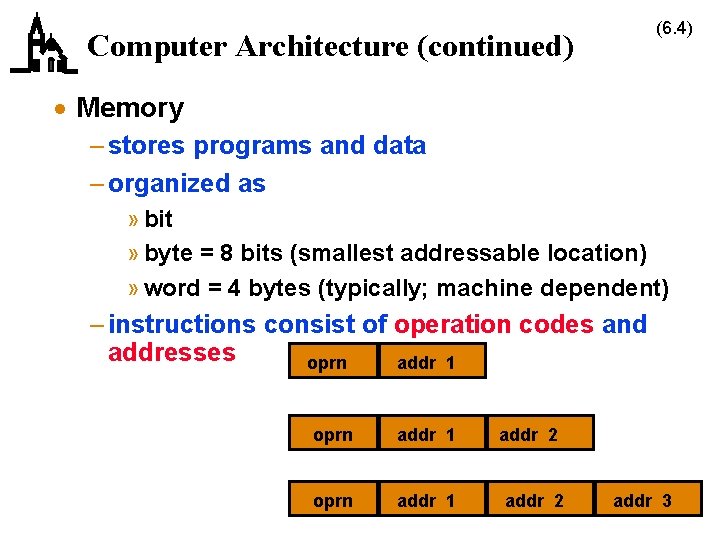 (6. 4) Computer Architecture (continued) · Memory – stores programs and data – organized