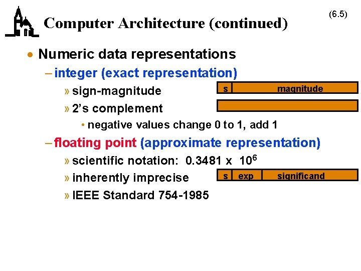 Computer Architecture (continued) · Numeric data representations – integer (exact representation) » sign-magnitude »