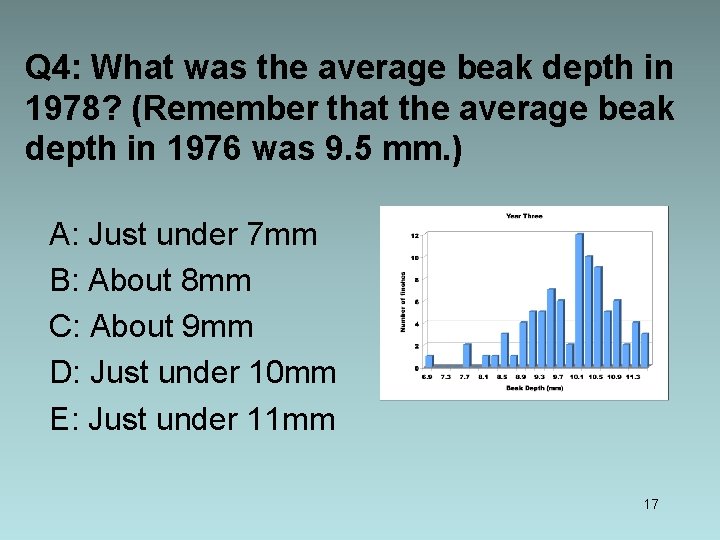 Q 4: What was the average beak depth in 1978? (Remember that the average