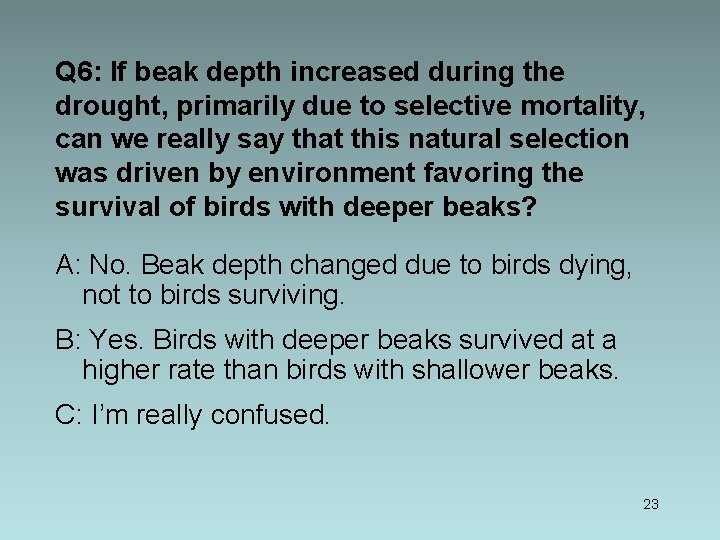 Q 6: If beak depth increased during the drought, primarily due to selective mortality,