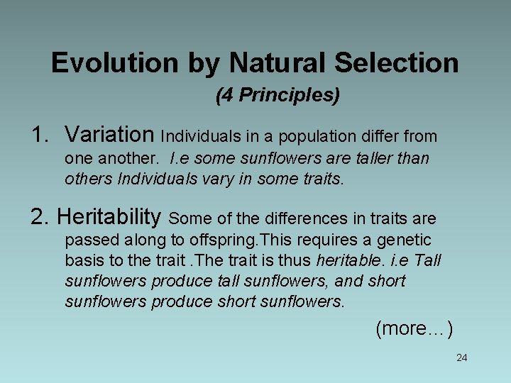 Evolution by Natural Selection (4 Principles) 1. Variation Individuals in a population differ from