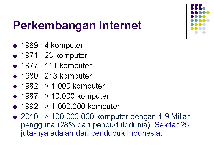 Perkembangan Internet l l l l 1969 : 4 komputer 1971 : 23 komputer