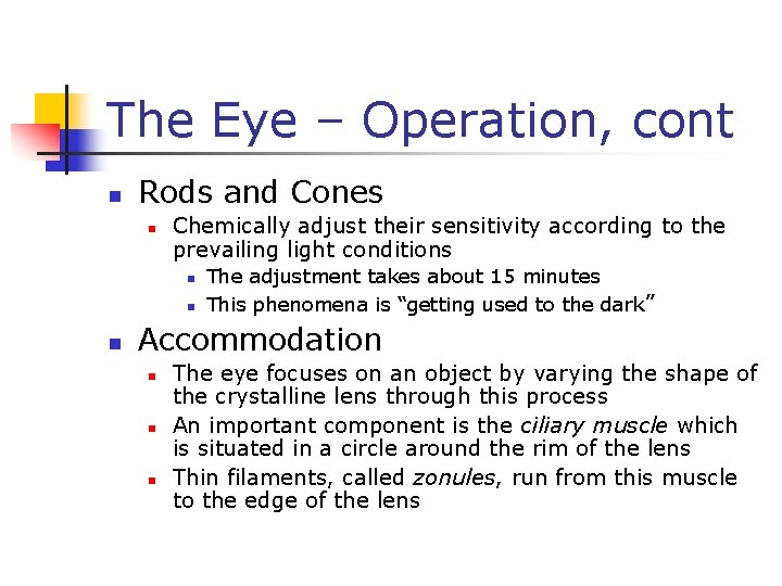 The Eye – Operation, cont n Rods and Cones n Chemically adjust their sensitivity
