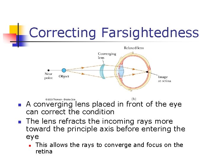 Correcting Farsightedness n n A converging lens placed in front of the eye can