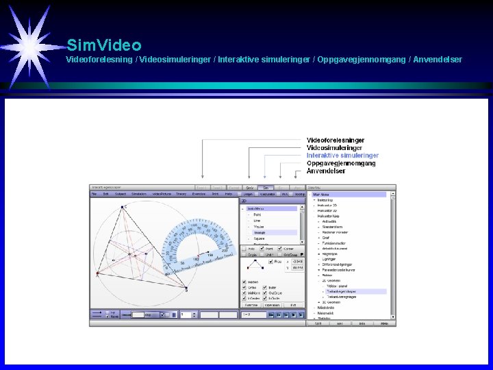 Sim. Videoforelesning / Videosimuleringer / Interaktive simuleringer / Oppgavegjennomgang / Anvendelser 