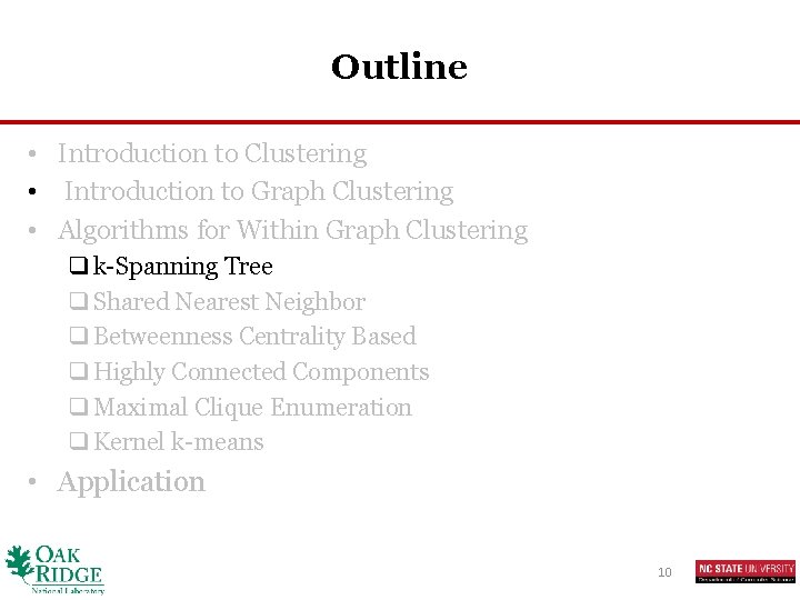 Outline • Introduction to Clustering • Introduction to Graph Clustering • Algorithms for Within