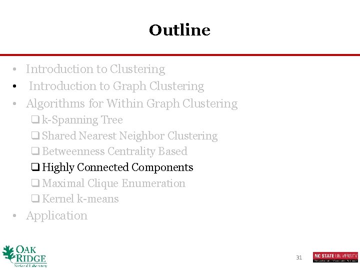 Outline • Introduction to Clustering • Introduction to Graph Clustering • Algorithms for Within