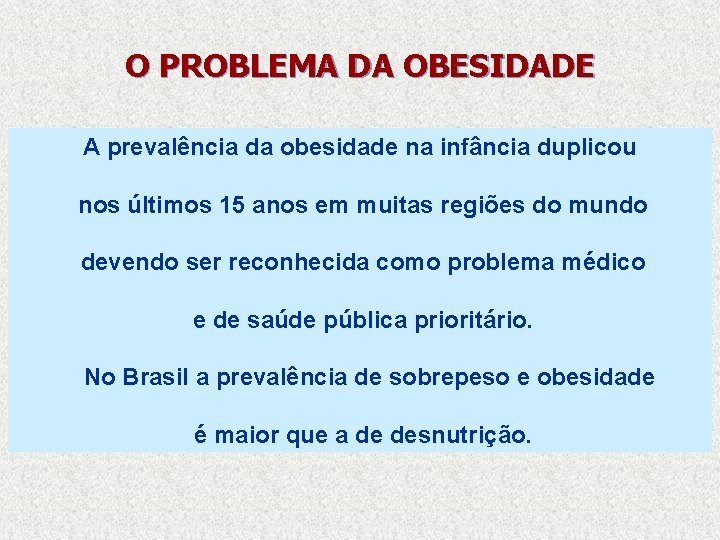 O PROBLEMA DA OBESIDADE A prevalência da obesidade na infância duplicou nos últimos 15