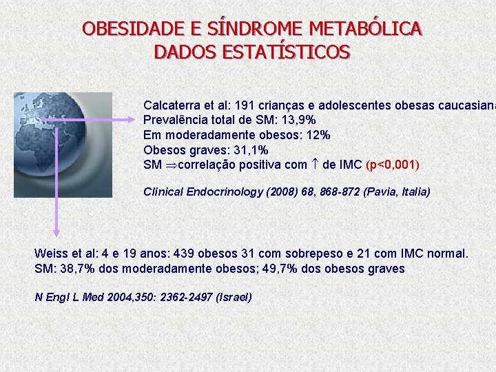 OBESIDADE E SÍNDROME METABÓLICA DADOS ESTATÍSTICOS Calcaterra et al: 191 crianças e adolescentes obesas