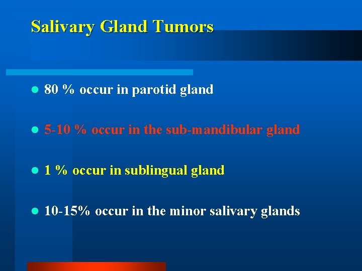 Salivary Gland Tumors l 80 % occur in parotid gland l 5 -10 %