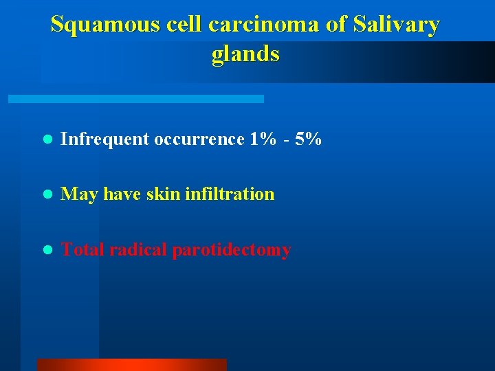 Squamous cell carcinoma of Salivary glands l Infrequent occurrence 1% - 5% l May